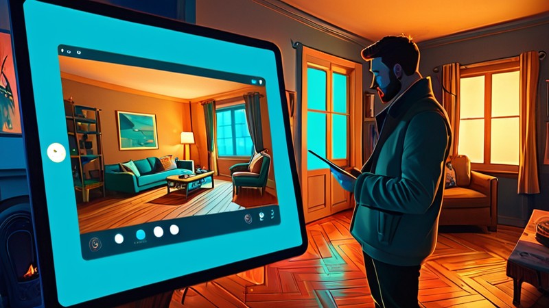 Ein Gast betrachtet den digitalen Zwilling einer Ferienwohnung — jeder Winkel sichtbar, bevor er bucht