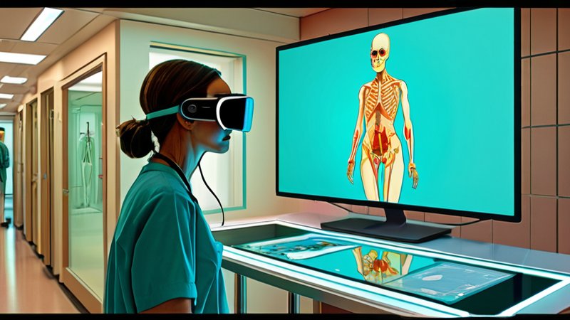 Chirurgin mit Mixed-Reality-Headset neben traditionellem Scan — alte und neue Medizin