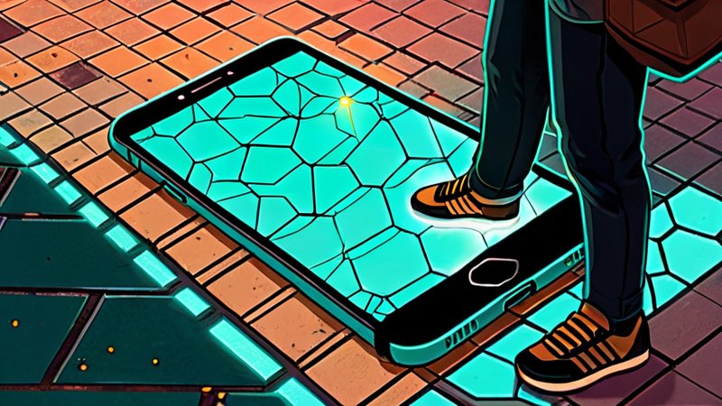 Person steht auf der Straße und sieht auf dem Handy ihr digitales Grundstück als leuchtendes Hexagon