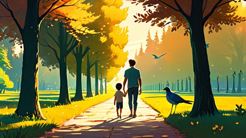 Vater und Sohn auf einem sonnigen Weg — das Versprechen eines Neuanfangs