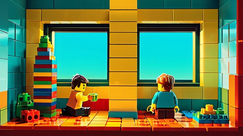 Zwei Hände bauen gemeinsam einen Lego-Turm — verbunden durch Technologie