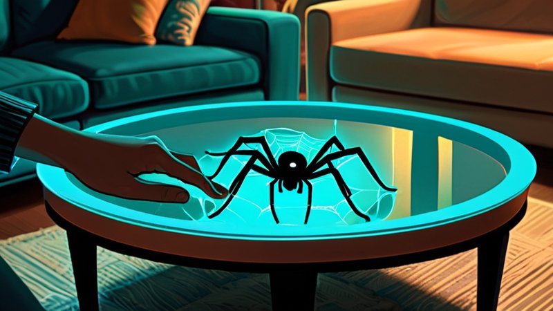 Digitale Spinne auf dem Couchtisch — klein, durchsichtig, kontrolliert